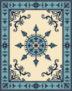 Aqua Navy Floral Medallion Border Rug