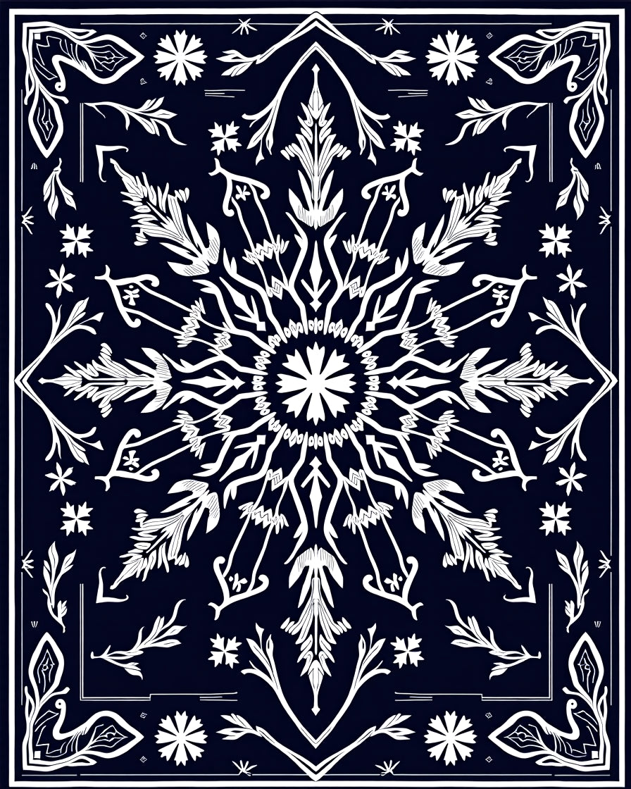 Deep Navy White Floral Mandala Rug