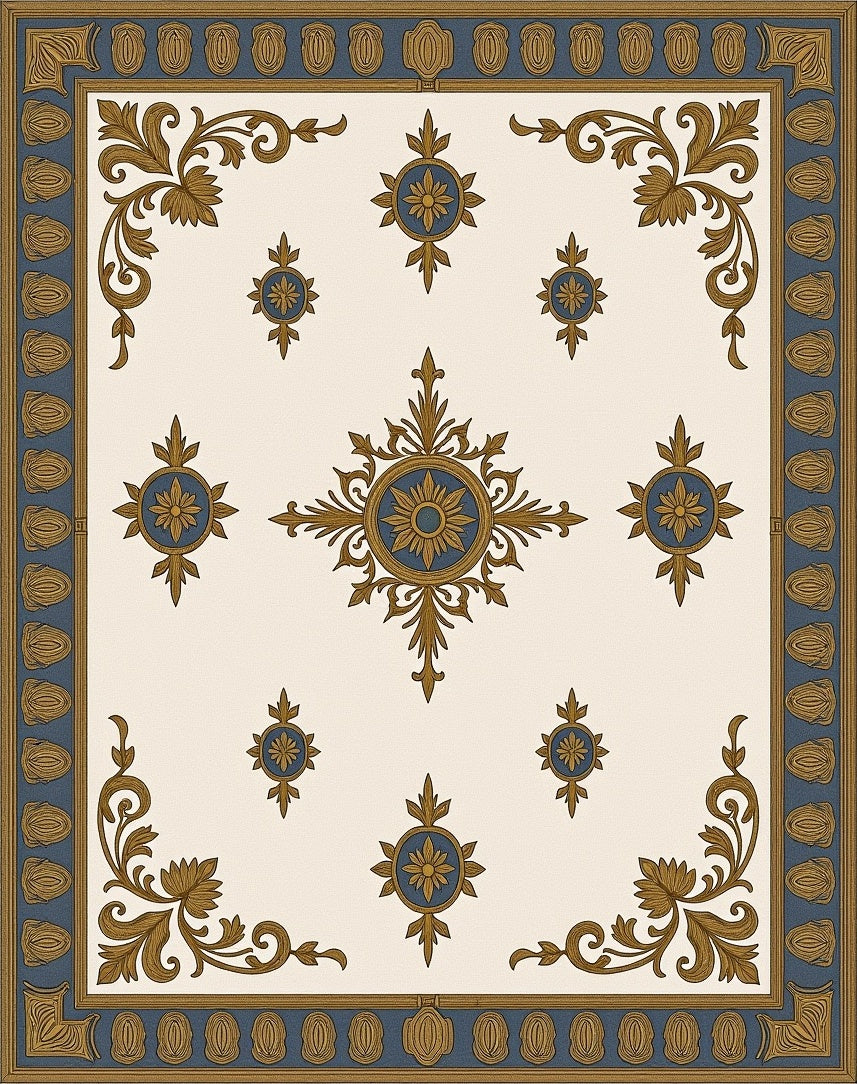 Classic Gold Blue Floral Medallion Rug