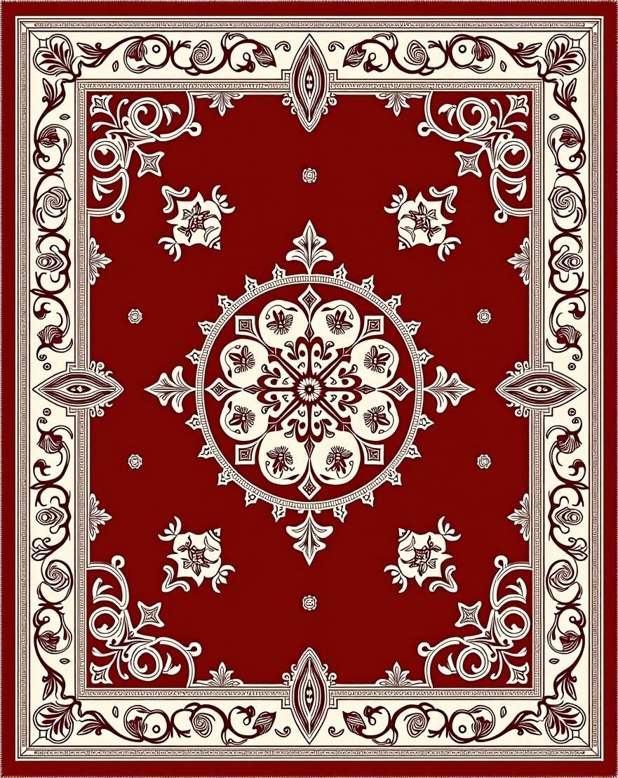 Crimson Ivory Floral Medallion Border Rug