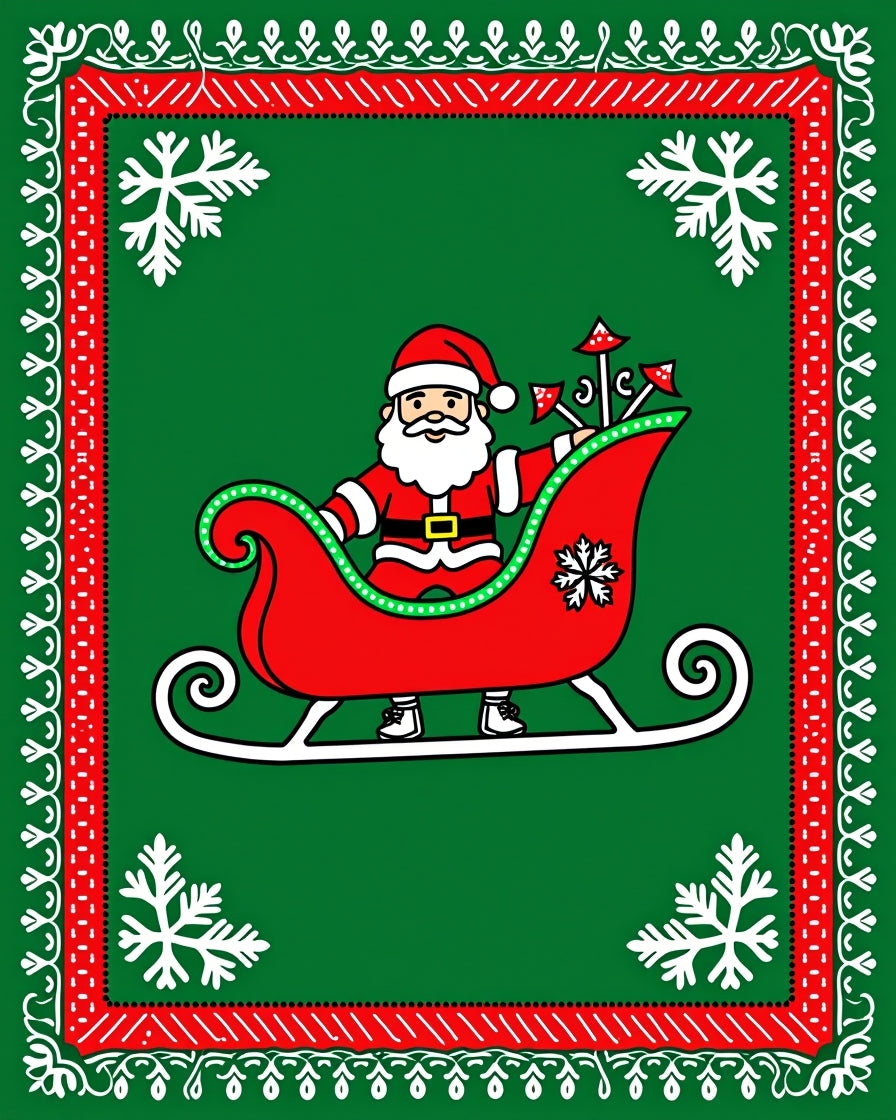 Festive Santa Claus Sleigh Red Green Snowflakes Rug