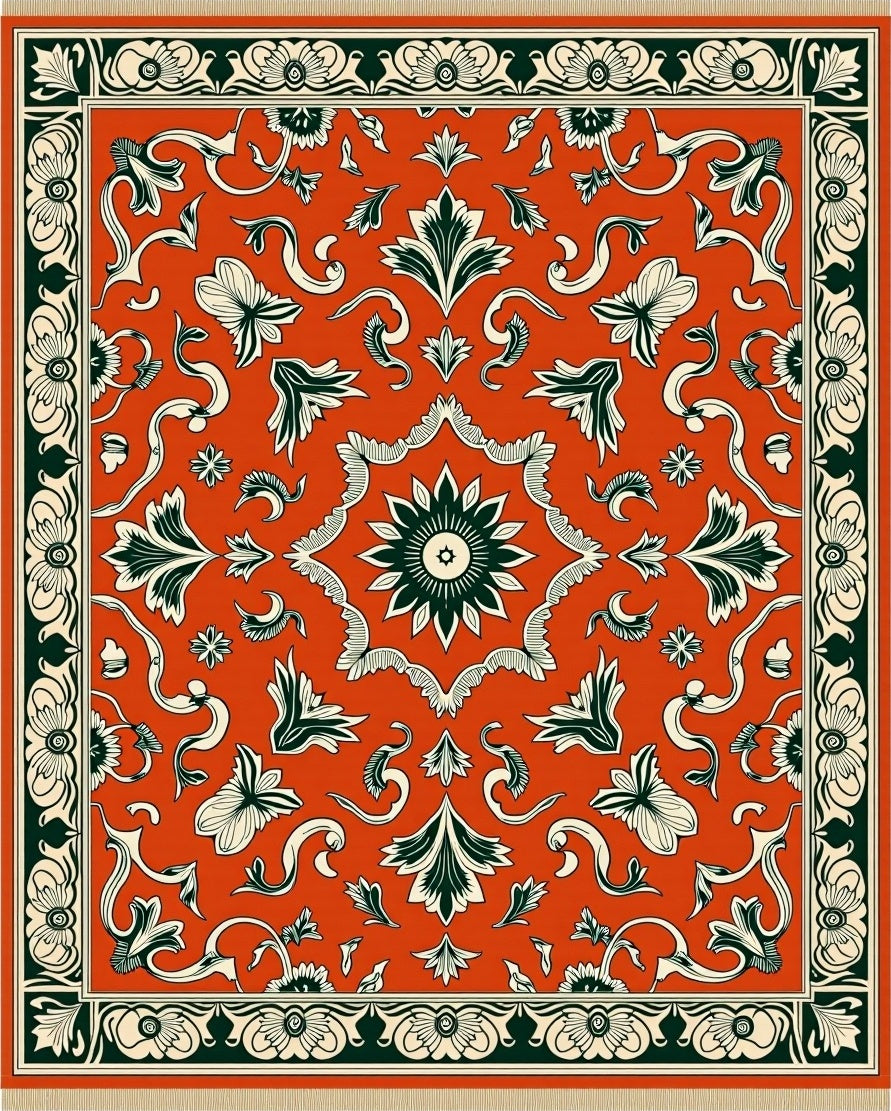 Orange Floral Medallion Border Rug