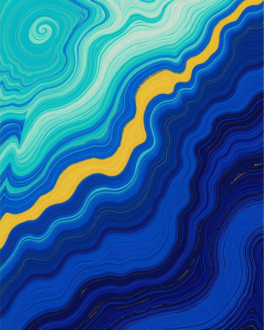 Cool Blue Gold Wavy Lines Rug