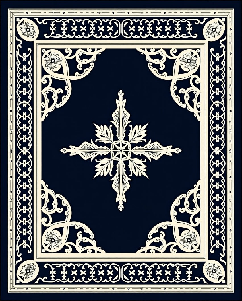 Elegant Ivory Scrollwork Navy Medallion Rug