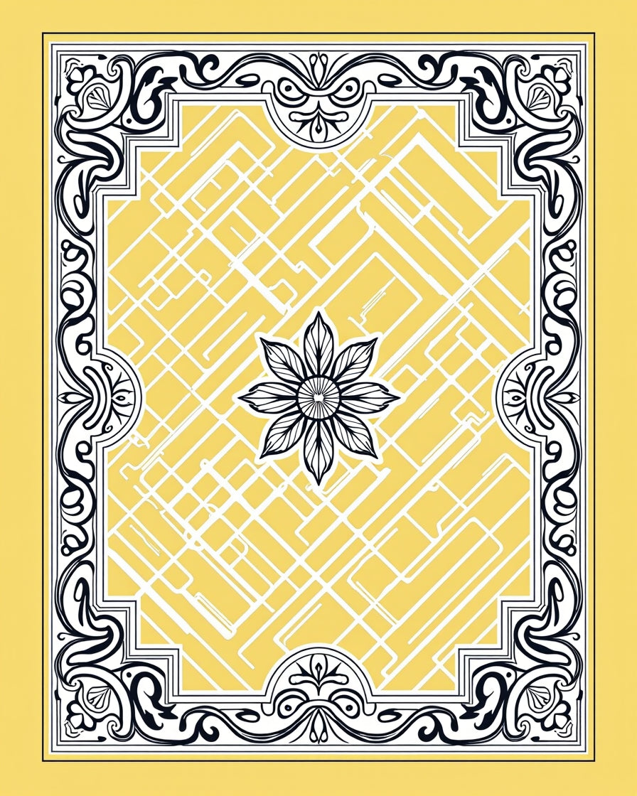 Yellow Black Floral Geometric Border Rug