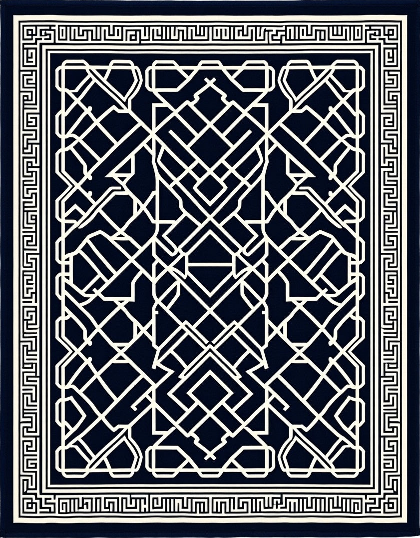 Navy White Interlocking Geometric Statement Rug
