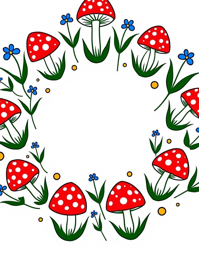 Whimsical Red Mushroom Blue Flower Meadow Rug