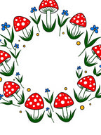 Whimsical Red Mushroom Blue Flower Meadow Rug