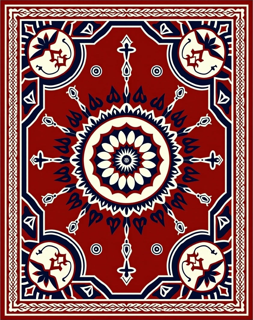 Crimson Navy Floral Medallion Border Rug