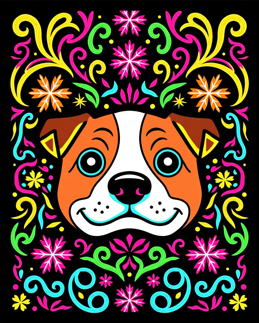 Vibrant Dog Face Colorful Floral Swirls Rug