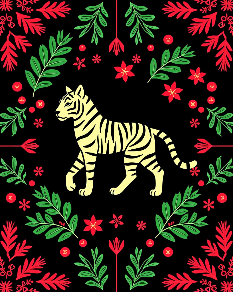 Yellow Tiger Red Green Floral Border Rug