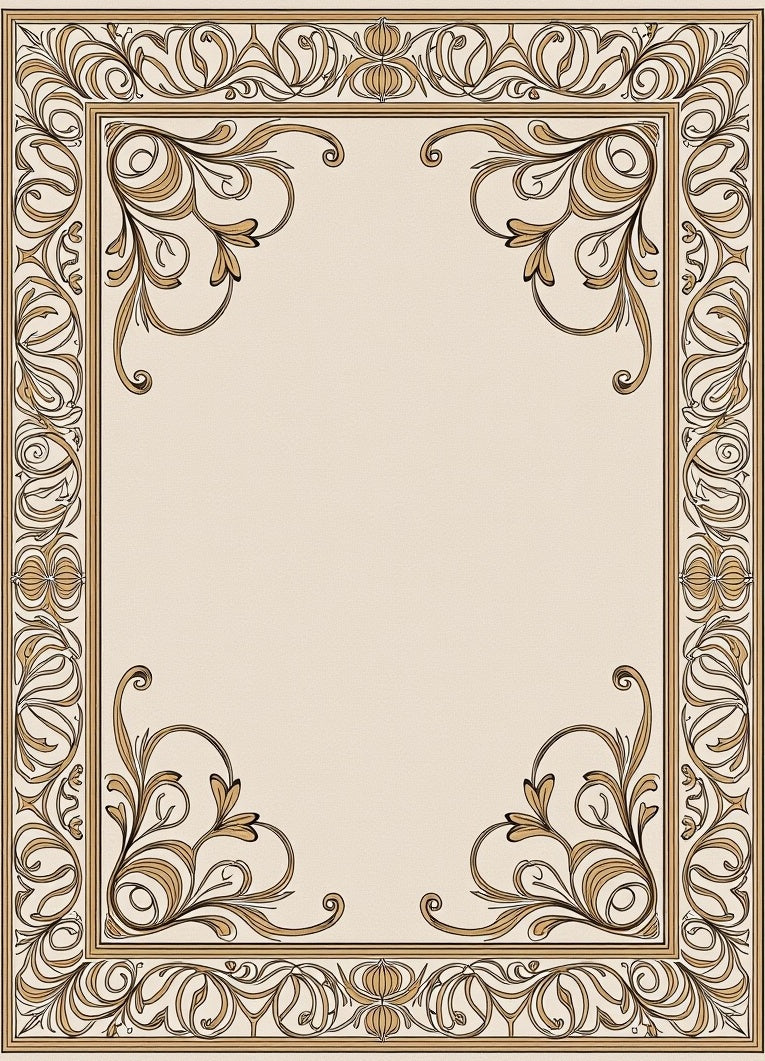Elegant Cream Gold Floral Scroll Frame Rug