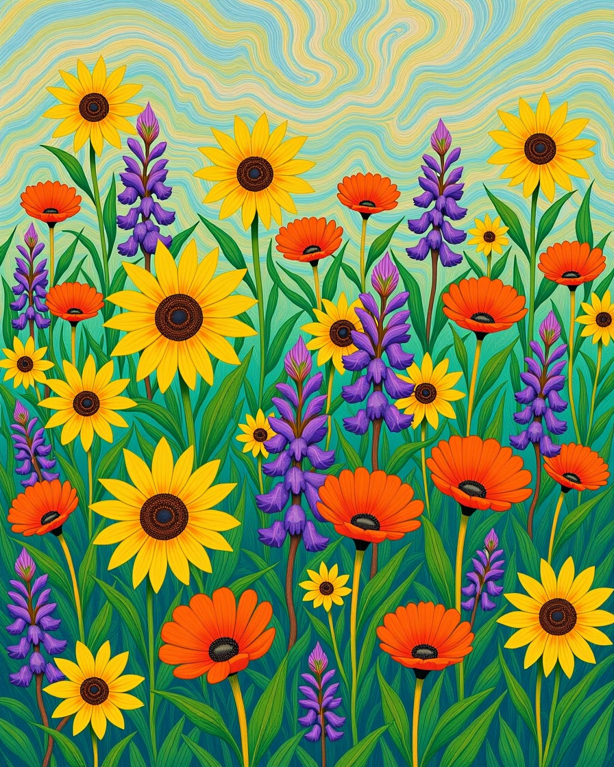 Vibrant Yellow Orange Purple Floral Swirls Rug