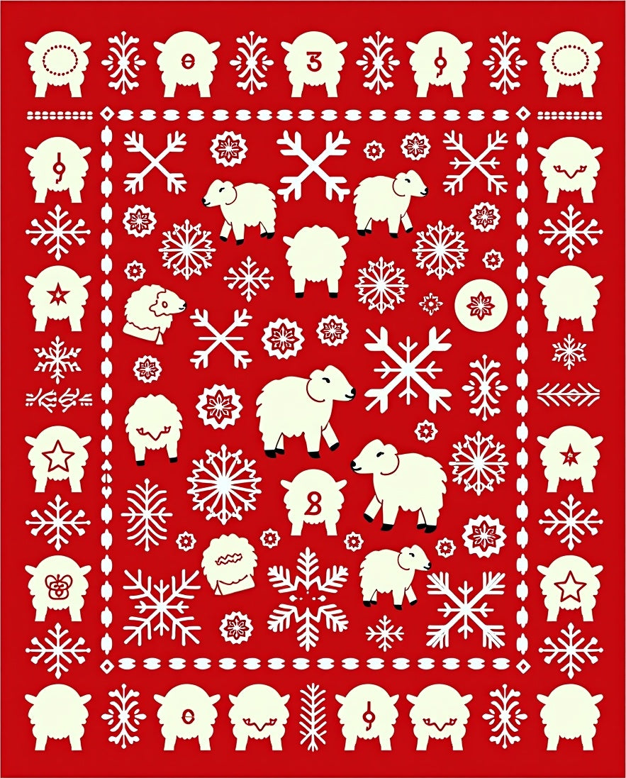 Cream Sheep Snowflakes Red Field Rug