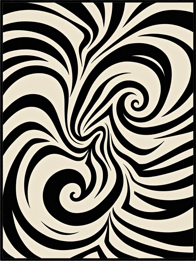 Black Cream Swirl Abstract Rug