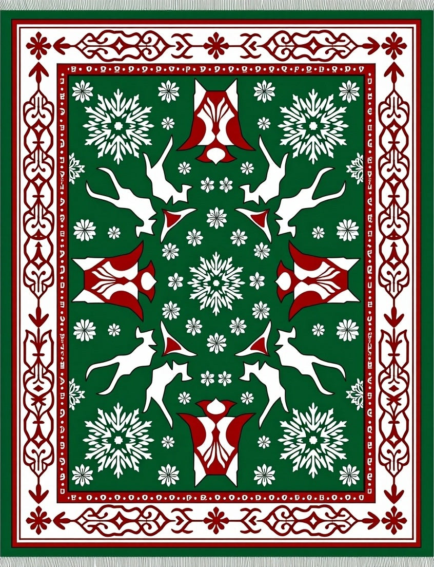 Green White Red Animal Snowflakes Border Rug