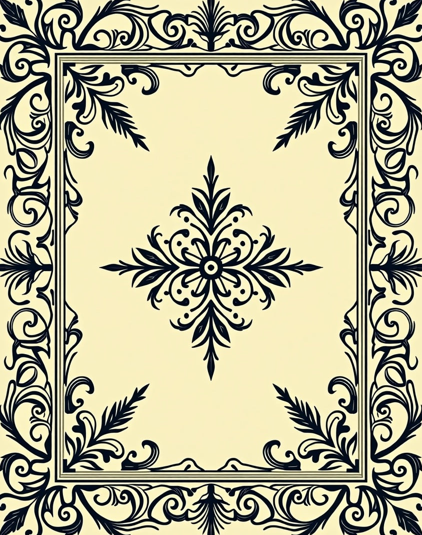 Black Floral Scroll Border Creme Rug