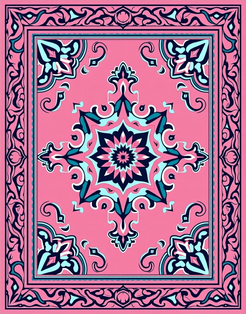 Pink Teal Floral Mandala Border Rug