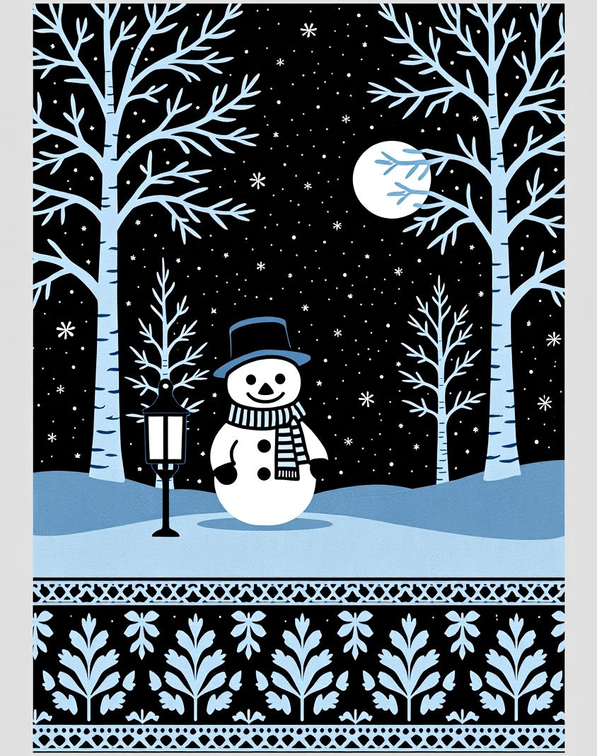 Winter Snowman Moonlit Forest Border Rug