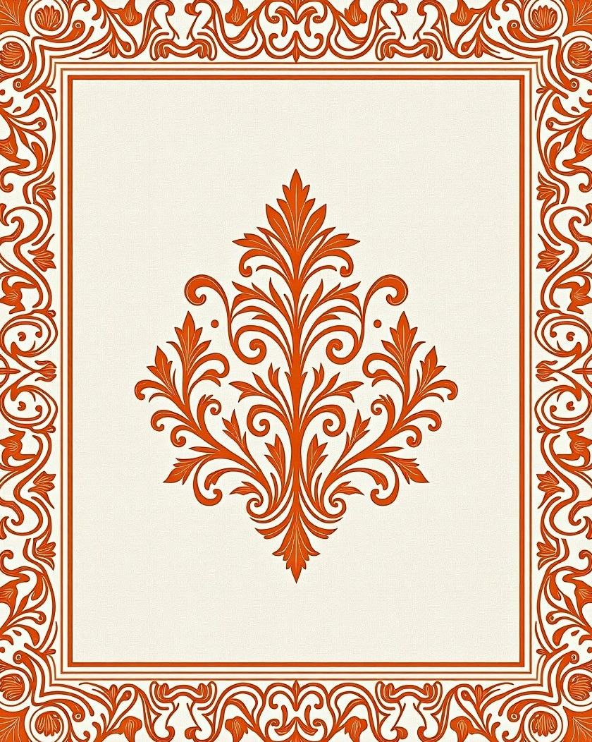 Orange Damask Floral Scroll Frame Rug