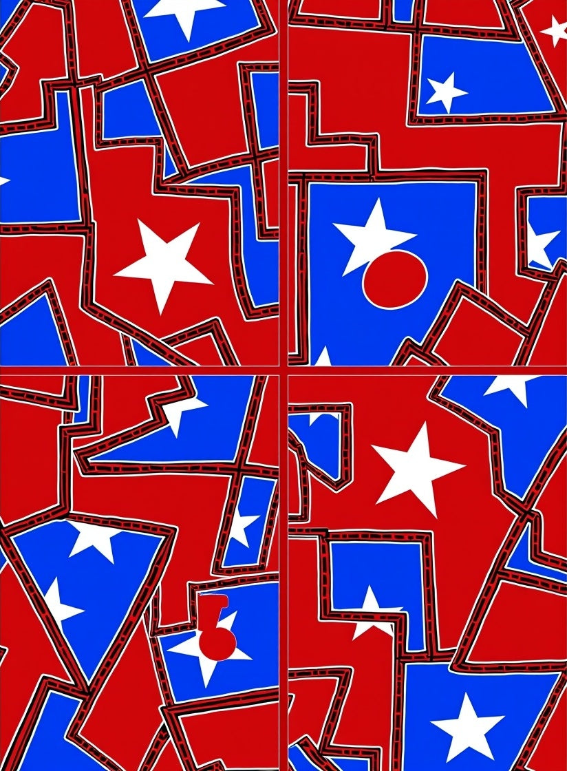 Bold Red Blue Abstract Star Collage Rug