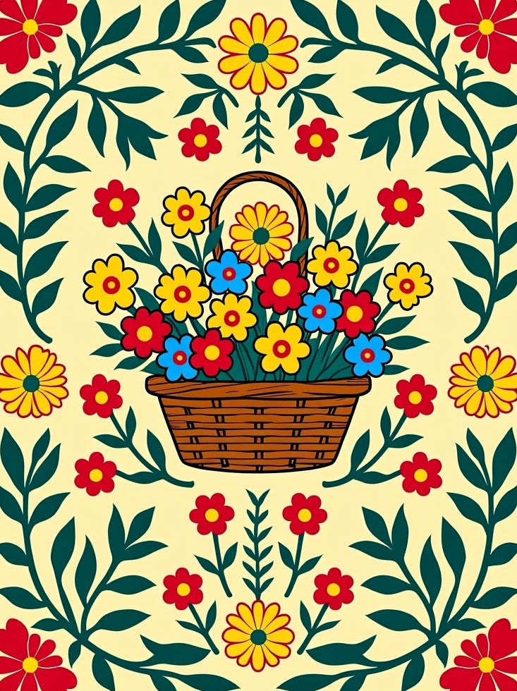 Whimsical Floral Basket Cream Rug