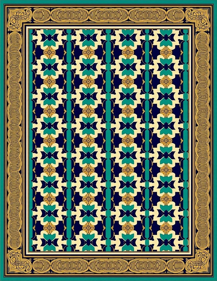 Navajo Inspired Teal Geometric Border Rug