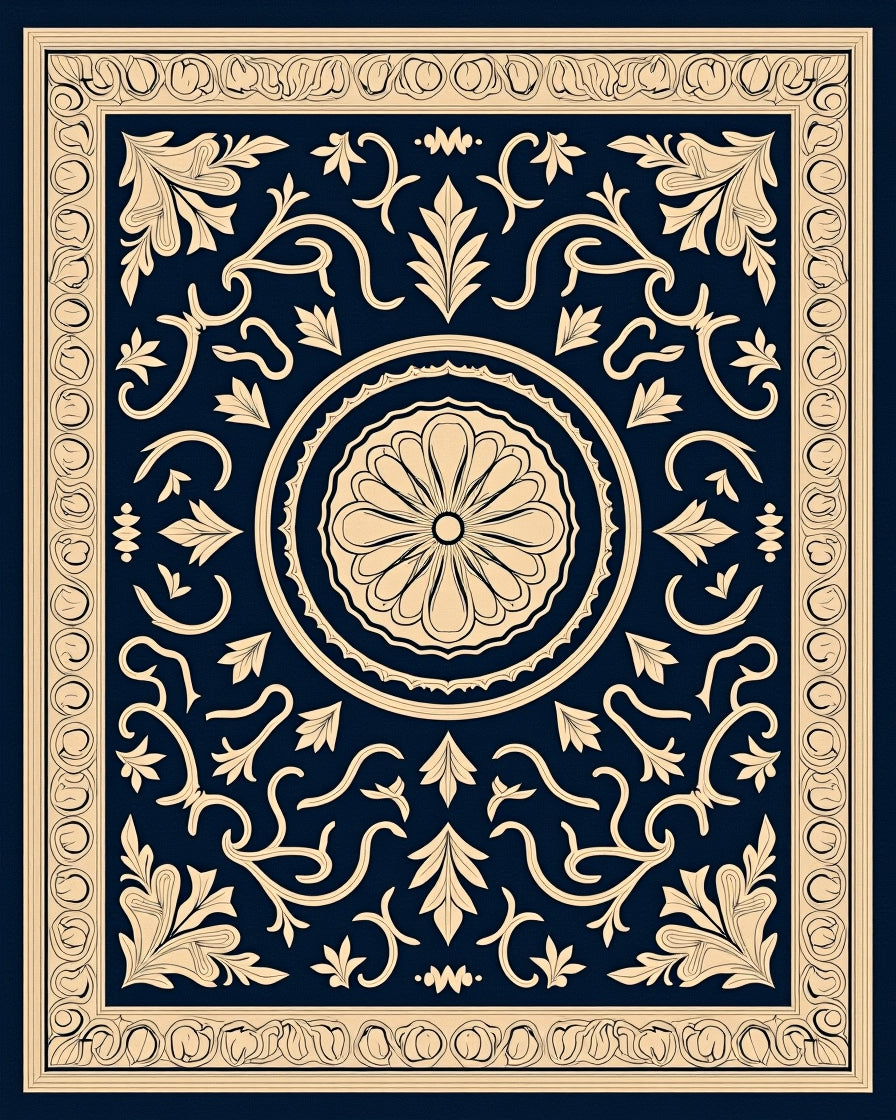 Dark Blue Floral Medallion Border Rug