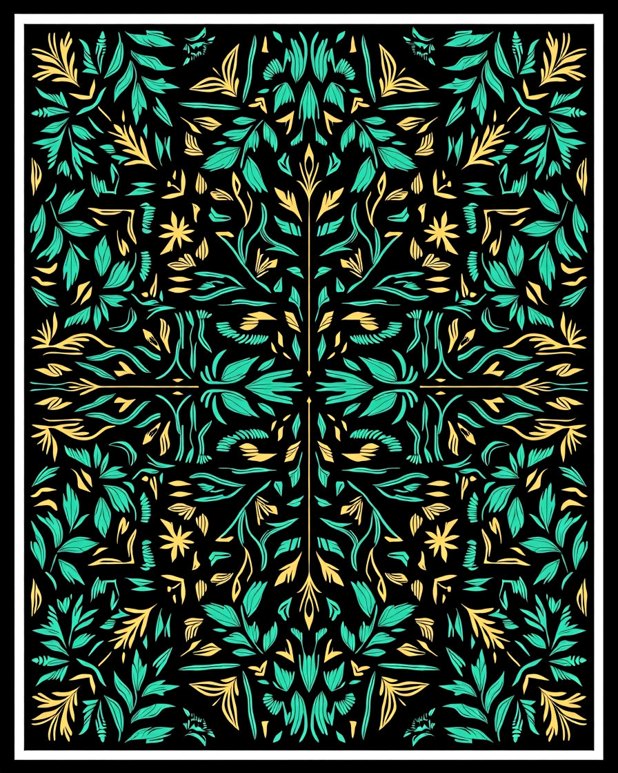 Teal Yellow Floral Symmetry Black Rug