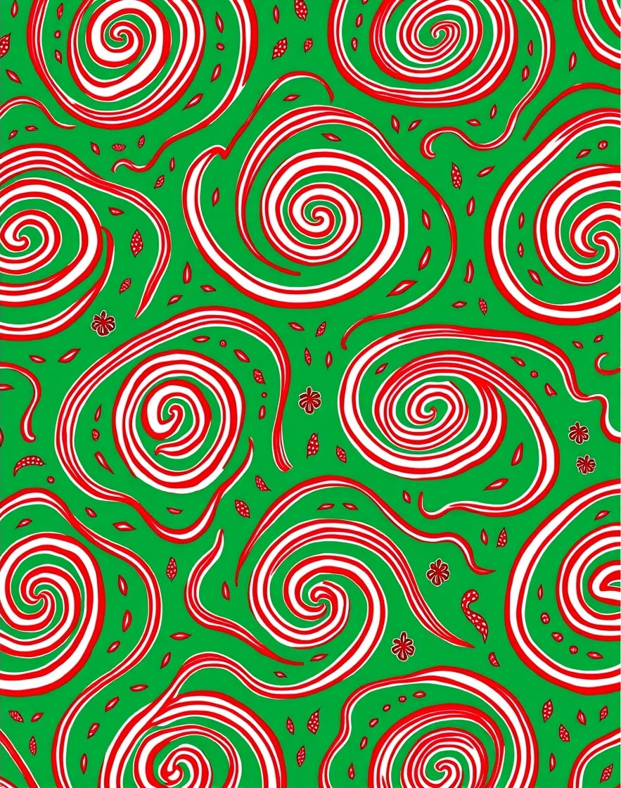 Whimsical Red White Swirls Green Background Rug