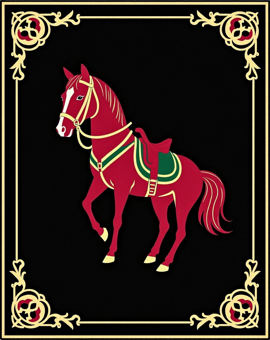 Crimson Horse With Golden Ornate Frame Rug