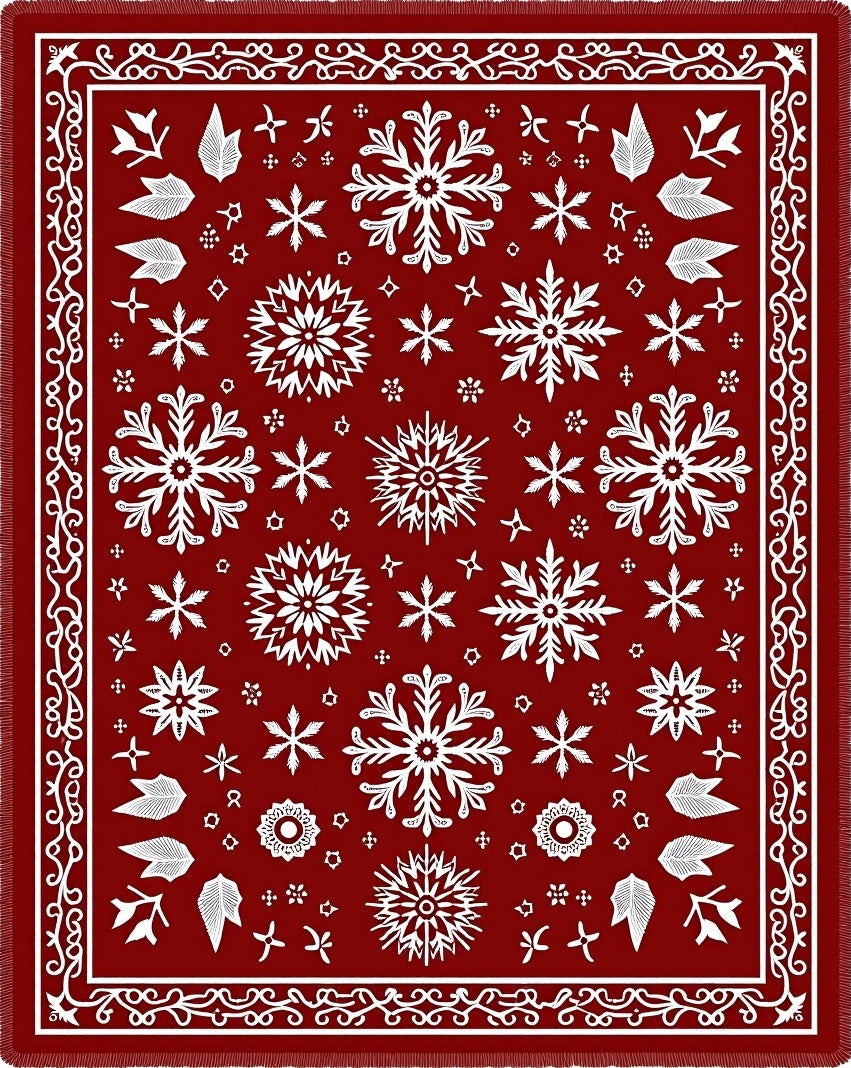 Crimson White Snowflake Mandala Floral Rug