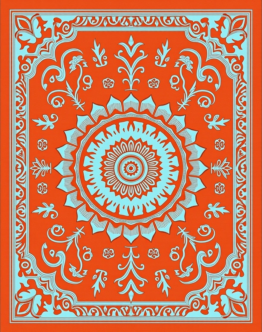 Vibrant Orange Light Blue Medallion Frame Rug