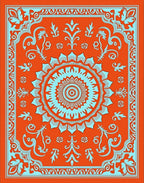 Vibrant Orange Light Blue Medallion Frame Rug