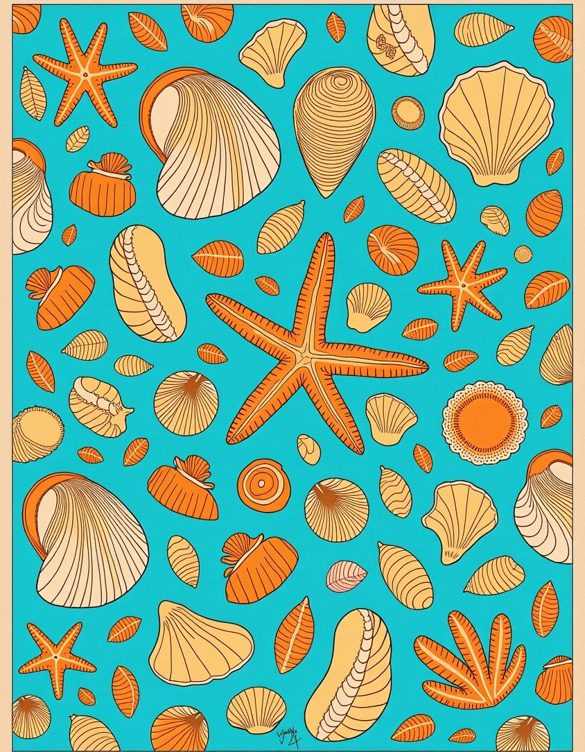 Coastal Orange Shell Starfish Variety Rug