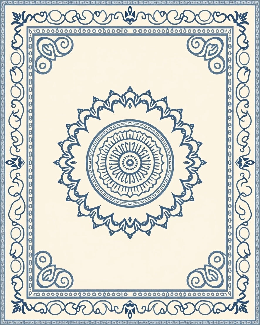 Ornate Blue Medallion Border Rug