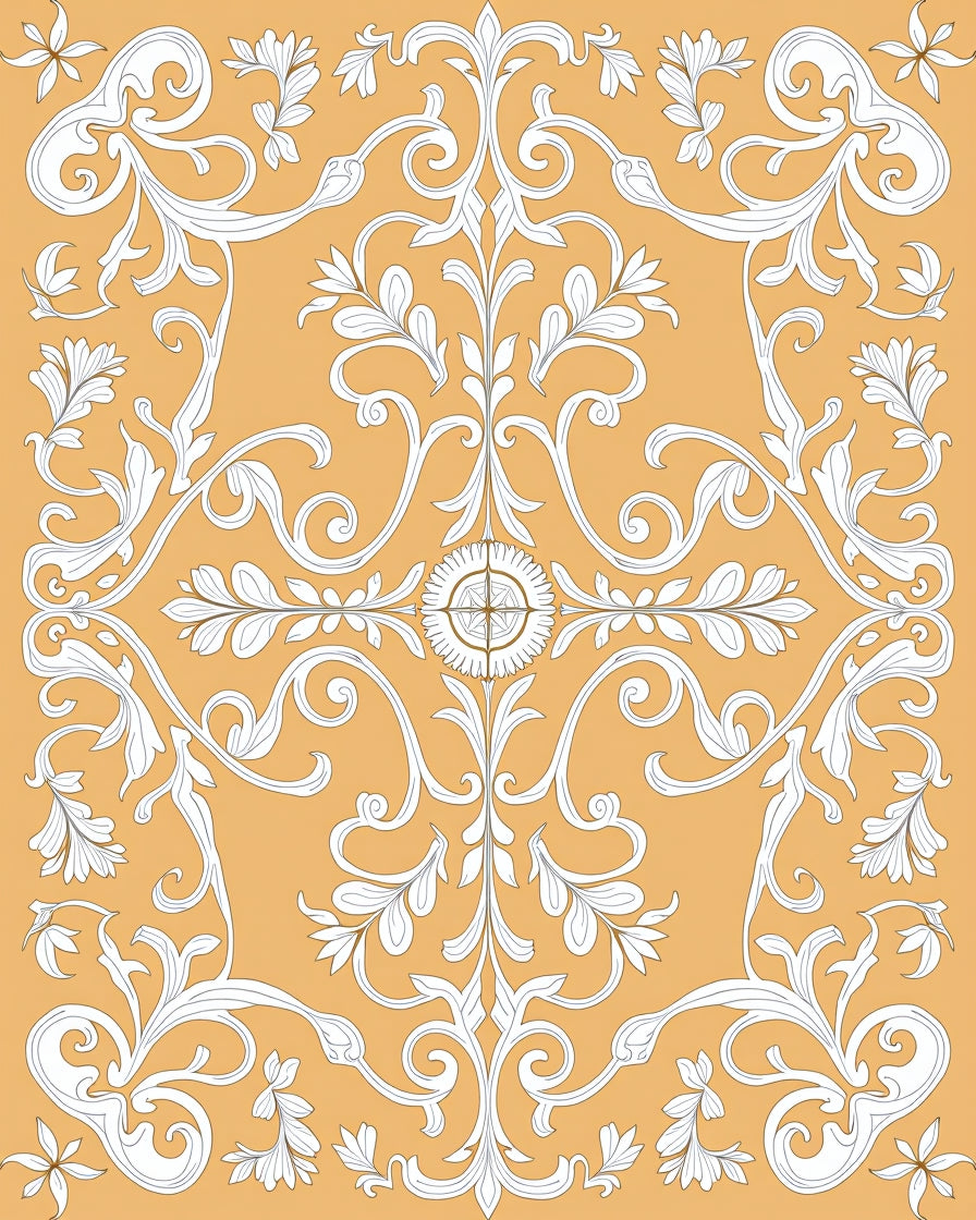 Golden White Flourish Scroll Medallion Rug