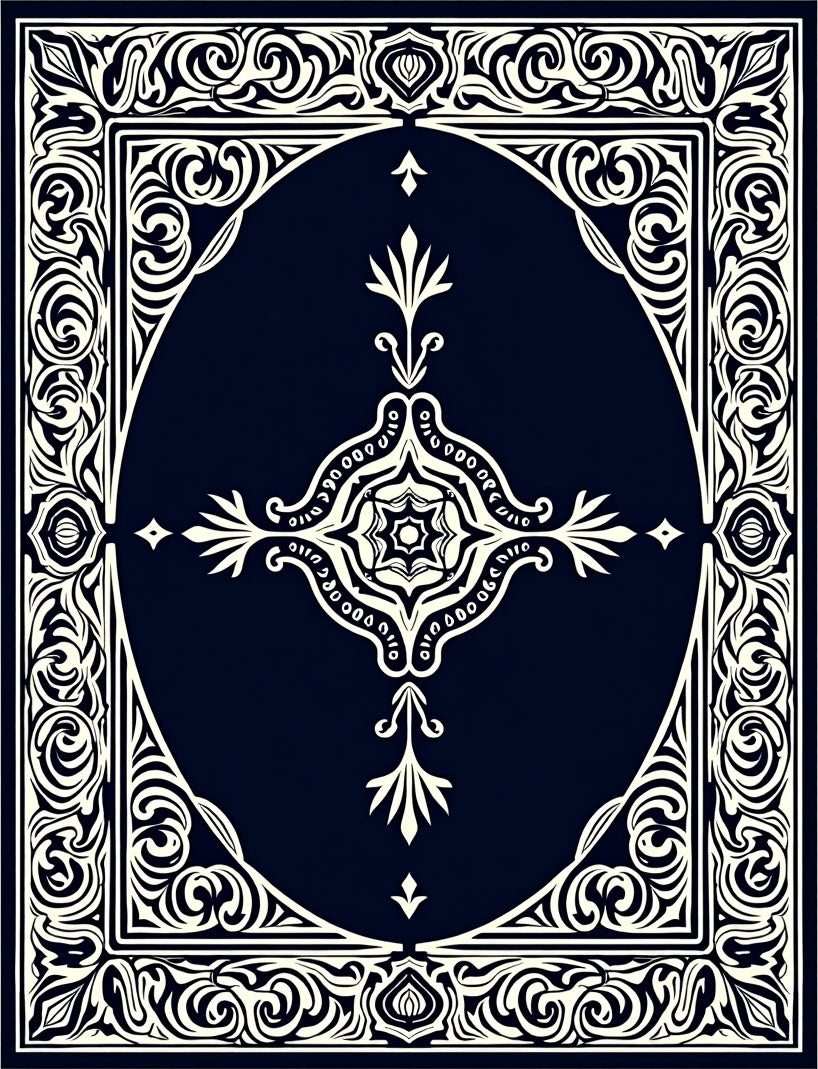 Navy Cream Scrollwork Oval Medallion Rug