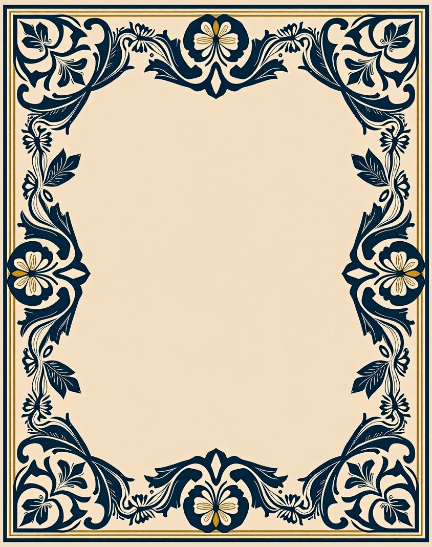 Navy Blue Floral Scrollwork Border Rug