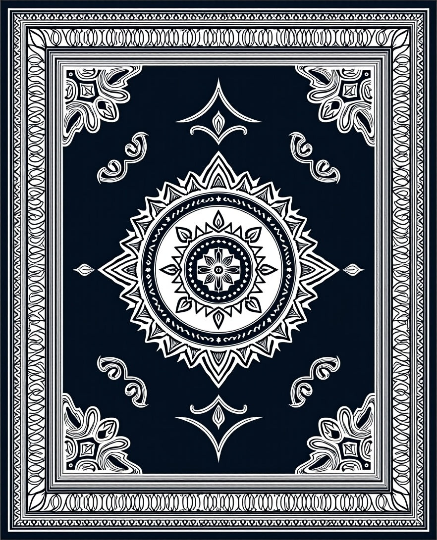 Navy White Mandala Geometric Border Rug