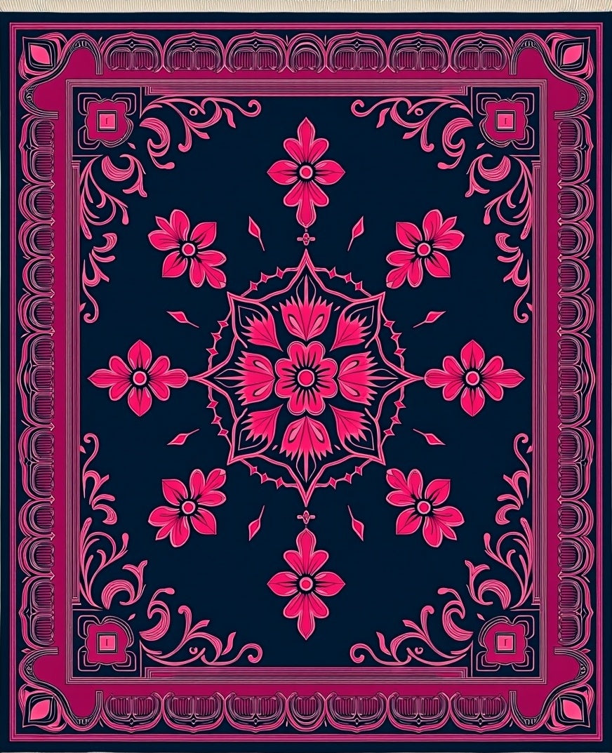 Fuchsia Floral Medallion Navy Rug