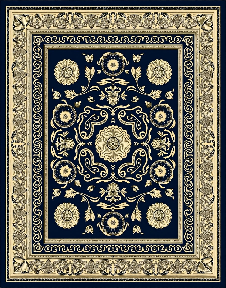 Navy Gold Floral Medallion Border Rug