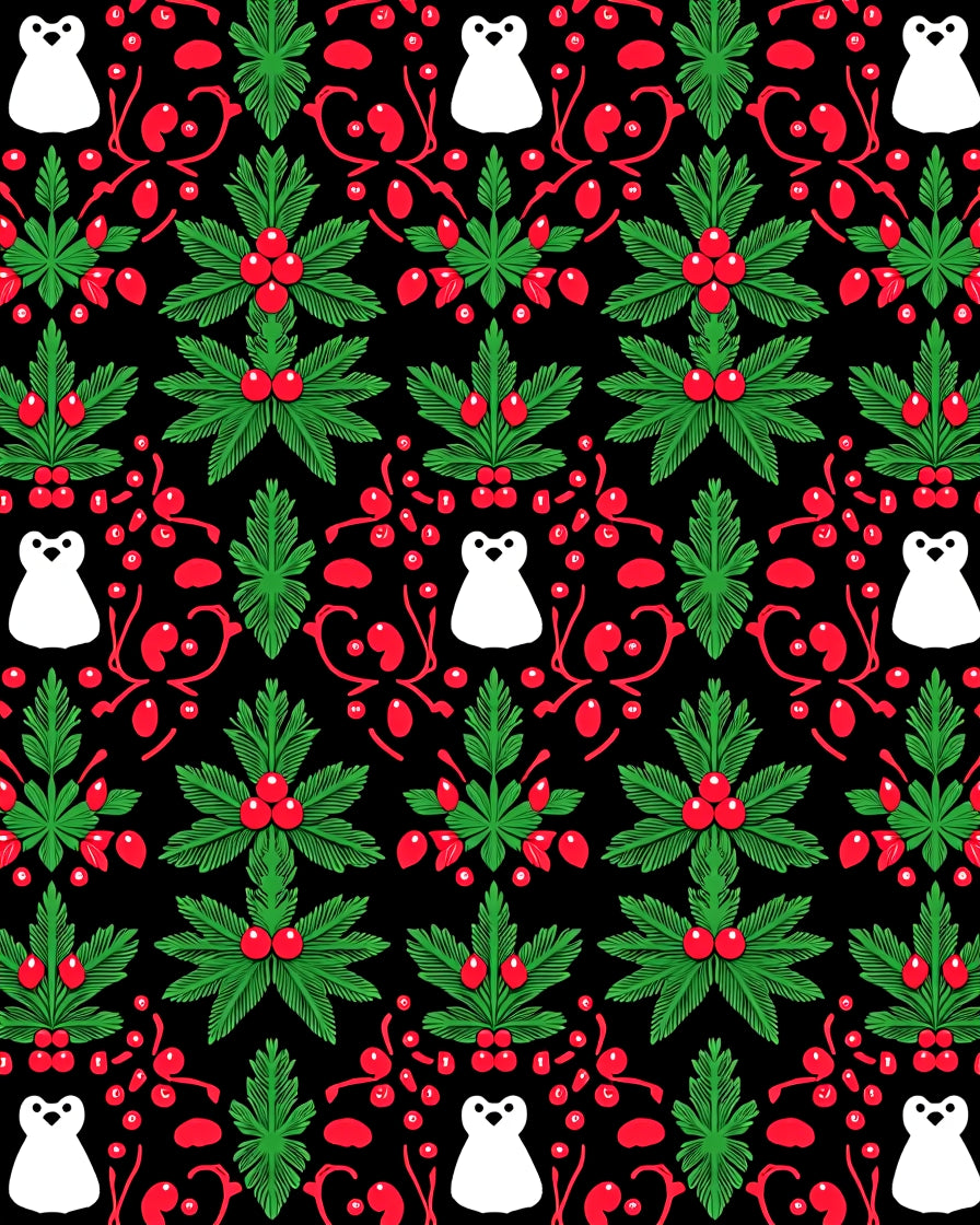 Festive Black White Red Penguin Foliage Rug