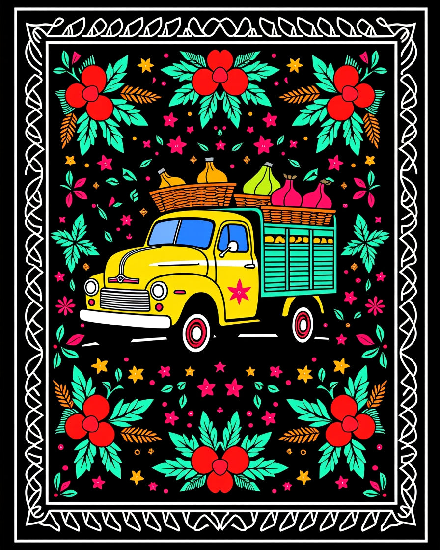 Vibrant Yellow Truck Floral Border Rug