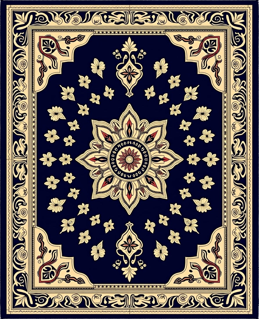 Navy Floral Medallion Golden Border Rug