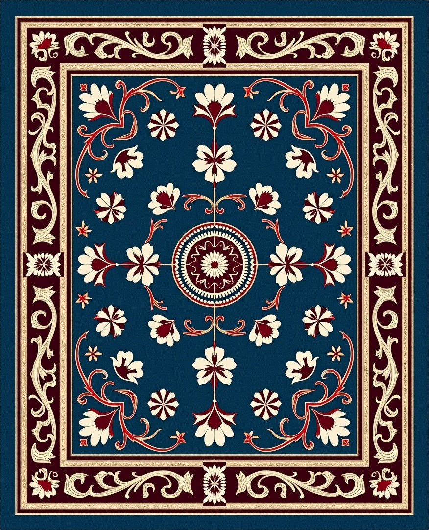 Antique Blue Cream Red Floral Medallion Rug