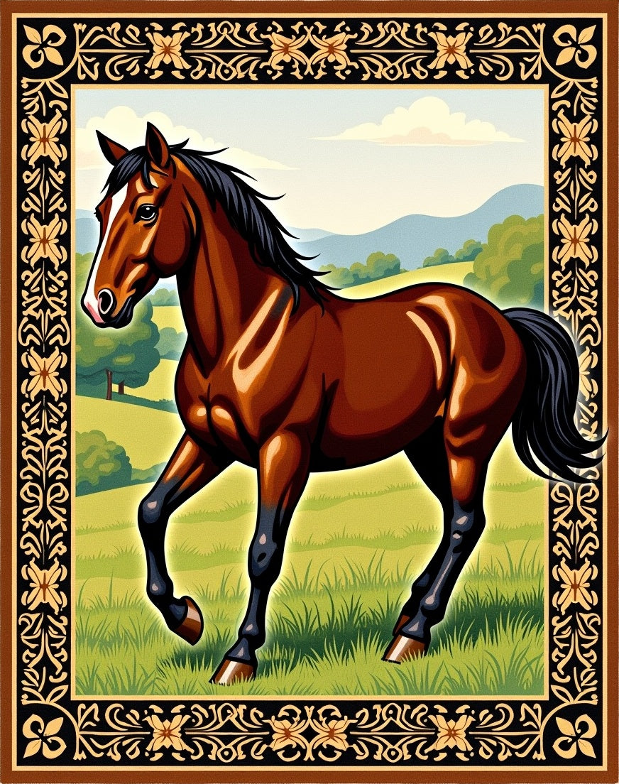 Brown Horse Galloping Field Landscape Rug