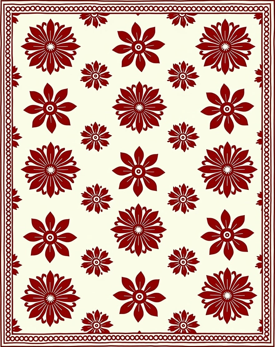 Deep Red Floral Medallion Ivory Rug
