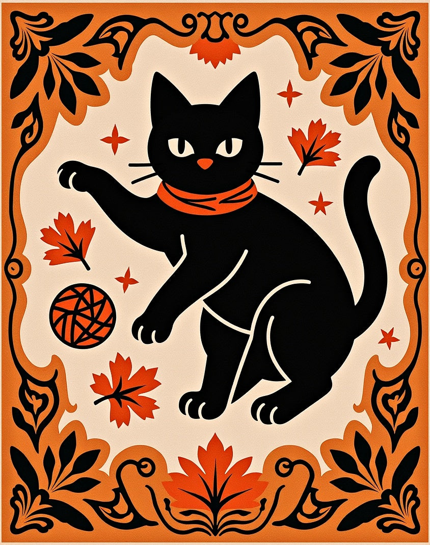 Black Cat Orange Scarf Autumn Leaves Rug