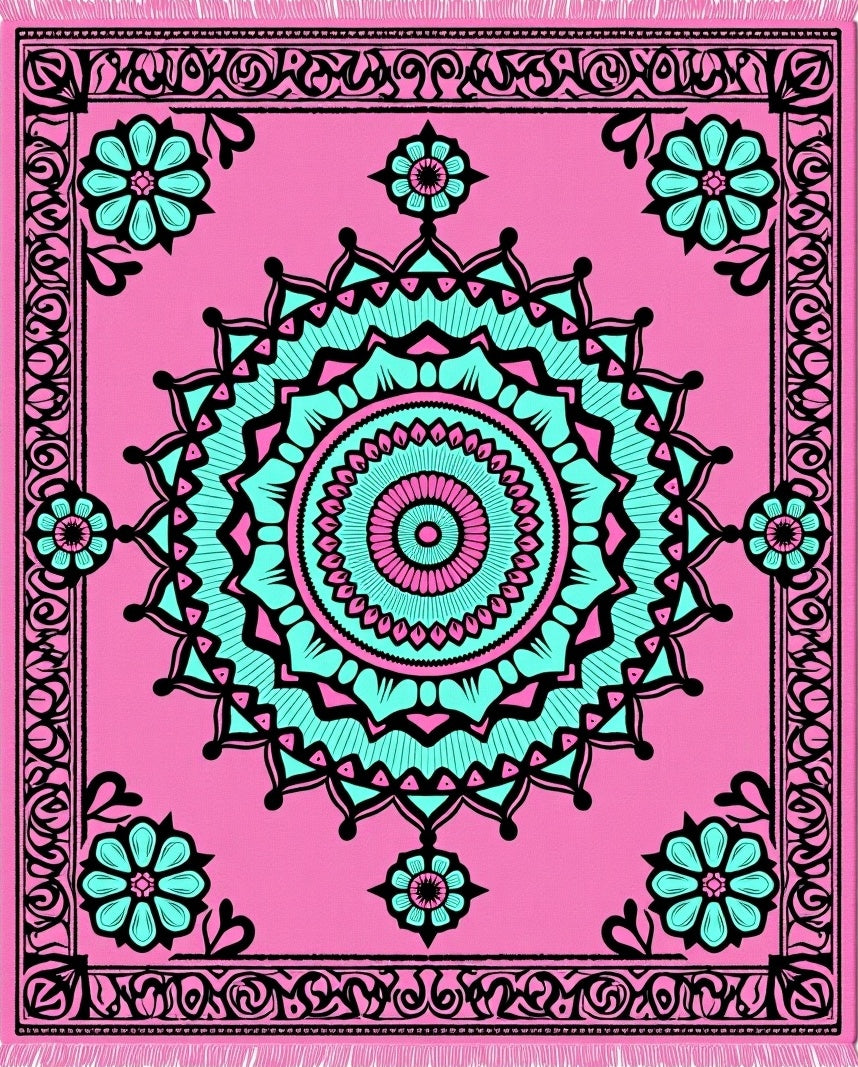 Pink Teal Floral Medallion Rug